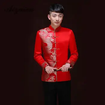 Lepe Moške Vezenje Zmaj Marrige Nastavite Cheongsam Kitajski Slog Ženin Kostum Tang Obleka Obleke Poroko Stari Costum