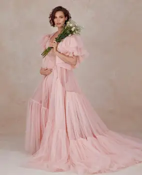 Lepo Roza Porodniškega Obleke Luksuzni Ruffles Noseče Ženske Obleke za Photoshoot Boudoir Perilo kopalni plašč More Baby Tuš