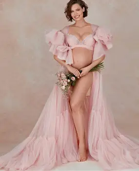 Lepo Roza Porodniškega Obleke Luksuzni Ruffles Noseče Ženske Obleke za Photoshoot Boudoir Perilo kopalni plašč More Baby Tuš