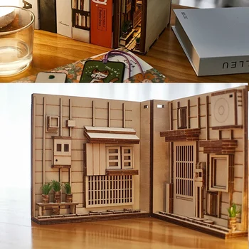 Lesena Knjiga Kotiček Vstavi Umetnosti Bookends DIY Polico Dekor Stojalo Dekoracijo Japonski Slog Doma Dekoracijo Modela Stavbe Kit
