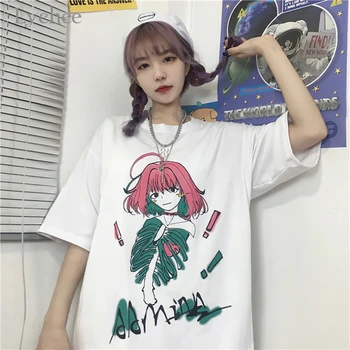 Liči Harajuku Japonski Anime Risanke Tiskanja Ženske T-Shirt Oversize Dame T Srajce Priložnostne Kratek Rokav O-Vratu Gospe Tee Vrhovi
