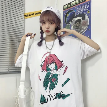 Liči Harajuku Japonski Anime Risanke Tiskanja Ženske T-Shirt Oversize Dame T Srajce Priložnostne Kratek Rokav O-Vratu Gospe Tee Vrhovi