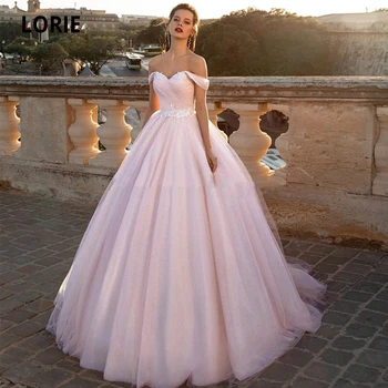 LORIE Bleščice Til Pink Poroka Obleke, Obleke Žogo 2020 Novo Off Ramenski Princesa Stranka Poročne Halje Boho Obleko Z Vezna Nazaj