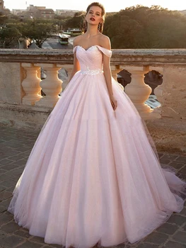 LORIE Bleščice Til Pink Poroka Obleke, Obleke Žogo 2020 Novo Off Ramenski Princesa Stranka Poročne Halje Boho Obleko Z Vezna Nazaj