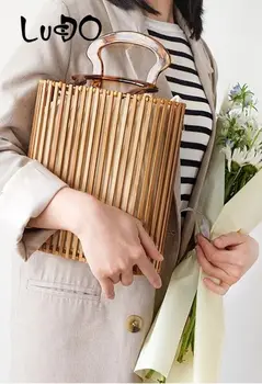 LUCDO bambusa tkanje košarico torbe retro plaži seaside počitnice v torbici novo tkane vrečke Žensk nakupovanje enostavno akril roko vrečko
