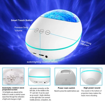 Lucky Kamen Ocean Val Projektor Stopnji Svetlobe Učinek Noč Lahka Bluetooth Predvajalnik Glasbe Daljinski Upravljalnik Vodni Val Barvo Svetilke