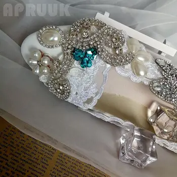 Luksuzni kristalno biseri poročne poroko stanovanj čevlji nevesta ročno plus velikost 41 42 princesa dame dekle banket stranka večerja stanovanj