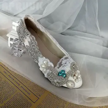 Luksuzni kristalno biseri poročne poroko stanovanj čevlji nevesta ročno plus velikost 41 42 princesa dame dekle banket stranka večerja stanovanj