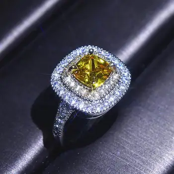 Luksuzni kvadratni rumena kristalno citrine dragih kamnov diamanti obroči za ženske, bela, zlata, srebrna barva bague luksuzni nakit stranka darila