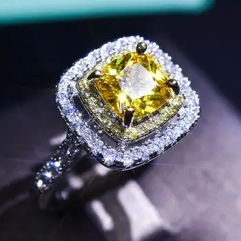 Luksuzni kvadratni rumena kristalno citrine dragih kamnov diamanti obroči za ženske, bela, zlata, srebrna barva bague luksuzni nakit stranka darila