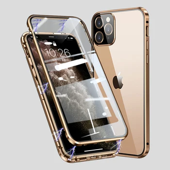 Luksuzni Kvadratnih Magnetni Adsorpcije Primeru Za iPhone mini 12 11 Pro xs Max x xr Kovinski Odbijača Dvojno Stransko Steklo Zaščitni Pokrov