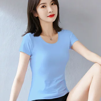 LXS22 Poletje ženske čiste barve vsestranski in udoben slim kratek sleeved majica s kratkimi rokavi