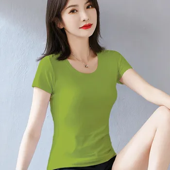 LXS22 Poletje ženske čiste barve vsestranski in udoben slim kratek sleeved majica s kratkimi rokavi