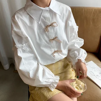 Majice Ženske Lok Gumb Puff Rokav Korejskem Slogu Elegantna Moda Študentov Ulične Kawaii Lep Priložnostne Bluze Ženska Modna Nova