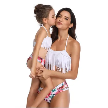 Mati in Hči Ženske Kopalke Mamica Dekle Kopalke Družino Bikini Komplet Seksi Bikini Natisnjeni Tassel kopalke Plažo