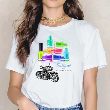 Mavrica lak nega nohtov & motorna kolesa tiskanja modi majica s kratkimi rokavi ženske harajuku kawaii grafični tshirt hip hpp rock poletje majica