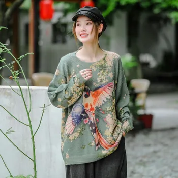 Max LuLu Novi Kitajski Modni Slog Ženske Letnik Puloverji Gospe Priložnostne Cvetlični Puloverji Natisnjeni Ohlapno Pletene Obleke Plus Velikost