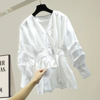 Moda Naguban Luč Rokav Proti-vrat Slim-Fit Majica + Denim Pas Dva-Kos Design Ženski Jeseni Elegancija Vrh Bluzo Blusa