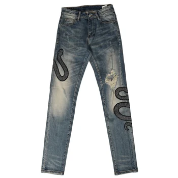 Moda Ulične Moške Jeans Visoke Kakovosti Elastična Slim Fit Vezenje Oblikovalec Raztrgala Denim Punk Hlače Hip Hop Svinčnik Hlače