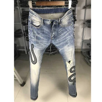 Moda Ulične Moške Jeans Visoke Kakovosti Elastična Slim Fit Vezenje Oblikovalec Raztrgala Denim Punk Hlače Hip Hop Svinčnik Hlače
