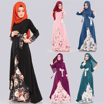 Moda za Ženske Dolge Obleke Cvetlični Muslimanskih Abaya Obleko s Kravato Loka Ramadana Molite Obrabe Islamsko Tradicionalno Kimono Obleke