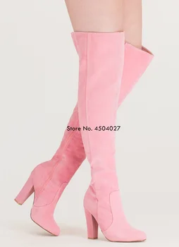 Moda Za Ženske Škornji Pink Suede Nad Kolena, Pete Krog Toe Dolgo Udobje Kvadratnih Botines Mujer Stegno Visoki Škornji