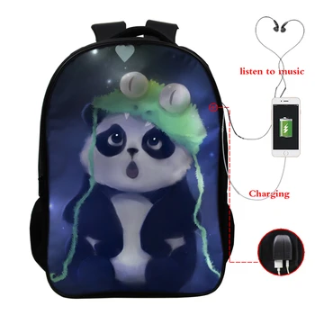Modni Slog Nahrbtnik Torba Panda Natisnjeni 16-Inch Usb Polnjenje Šolska Torba Nepremočljiva Dnevno Bagpack za Fante Dekle kawaii šolska torba