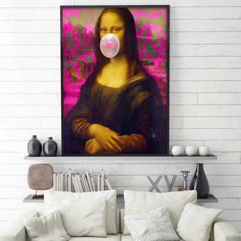Mona Lisa Bela Žvečilni Gumi Plakat Banksy Slog Platno Slikarstvo Na Steni Nordijska Umetnosti Tiskanja Sliko Za Dnevni Sobi Doma Dekor
