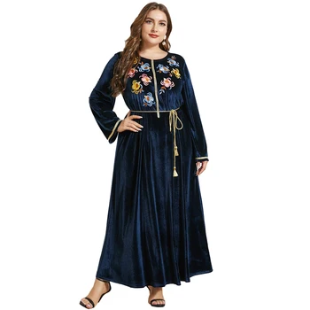 Mornarsko Modri Cvet Vezenje Ženska Obleka Plus Size Pasja Tople Zimske Obleke Vestidos Muslimanskih Maxi Dolgo Obleko Izmenljive Pasu 4XL