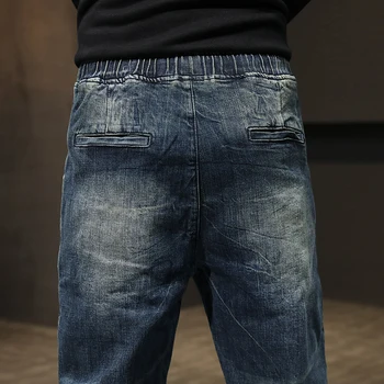 Moške Tekaške Hlače Jeans, Elastični Pas, Vrvico Harem Hlače Koničastimi Sproščeno Retro Modra Priložnostne Moške Jeans Hlače Big Velikost 42