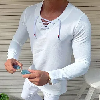 Moški Dolg Rokav T-shirt, Prečni Trak Proti-vrat Design Preprost Barva Pomladi Oblačila