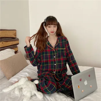 Multicolor kariran pižamo določa ženske znižuj ovratnik pyjama pomlad jesen ženski Dolg Rokav pižame homewear sleepwear L030