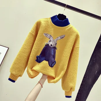 MUMUZI Novo jagnje lase beaded sweatshirts modne blagovne znamke svoboden debel pulover vrhovi srčkan risanka zajec majice z dolgimi rokavi ženske