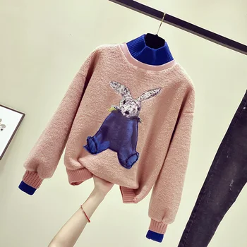 MUMUZI Novo jagnje lase beaded sweatshirts modne blagovne znamke svoboden debel pulover vrhovi srčkan risanka zajec majice z dolgimi rokavi ženske