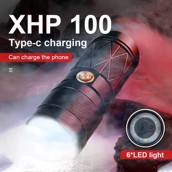 Najbolj edinstvenih xhp100 svetilka močna led svetilka baterijska svetilka, polnilne, rep led luči tip-c polnjenje vgrajenih 3*3800 baterije