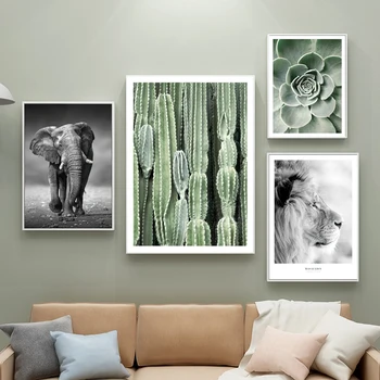 Narava Gozdna Krajina Platno Wall Art Tisk Slikarstvo Nordijska Tiger Slon, Lev Plakat Kaktus listi Sliko Sodobne Dom Dekor