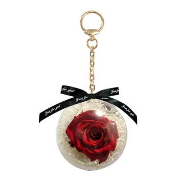 Naravni Ohraniti Rose Cvet Keychain 8 cm Velike Akril Okroglo Žogo Pedant Avto Visi Pearl Tipko Veriga Obroč Valentinovo Darilo