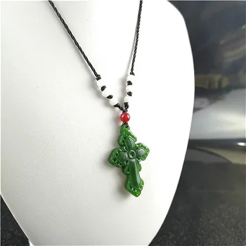 Naravni Zeleni Kitajski Hetian Jade Križ Obesek Ogrlica Moda Čar Jadeit Nakit Vklesan Amulet Darila za Ženske, Moške