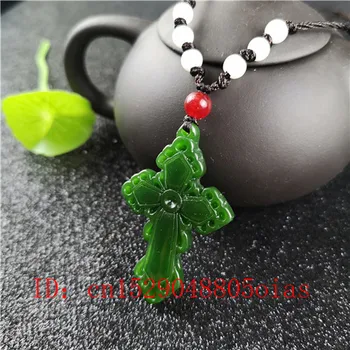 Naravni Zeleni Kitajski Hetian Jade Križ Obesek Ogrlica Moda Čar Jadeit Nakit Vklesan Amulet Darila za Ženske, Moške