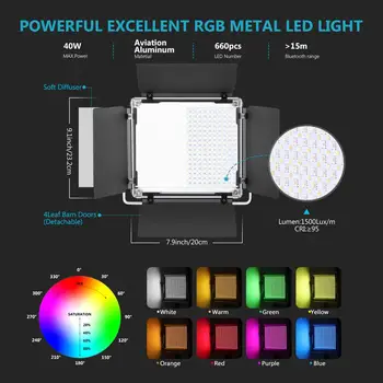 Neewer 660 RGB Barvna Led Luči z APLIKACIJO Nadzora in LCD Zaslon/U Nosilec/Barndoor, Kovinsko Lupino za Fotografijo