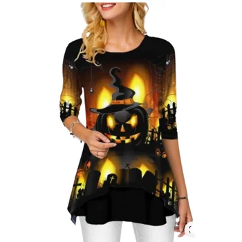 Nepravilna Bučna Tiskanja Halloween majica s kratkimi rokavi, Oblačila Za Ženske Plus Velikost Dolg Rokav Priložnostne O-Vrat, Dolge Majice Črna S-5XL