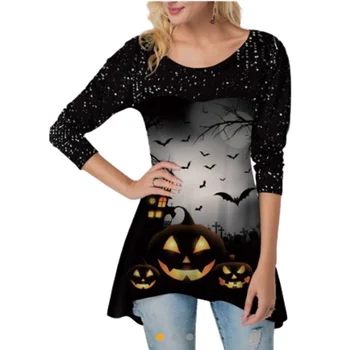 Nepravilna Bučna Tiskanja Halloween majica s kratkimi rokavi, Oblačila Za Ženske Plus Velikost Dolg Rokav Priložnostne O-Vrat, Dolge Majice Črna S-5XL