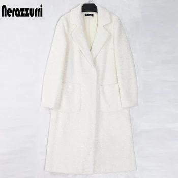 Nerazzurri Zima bela dolgo specializiranimi za umetno krzno plašč ženske dolgimi rokavi, žepi river Mehko svetlobo elegantno toplo karakul fur coats za ženske
