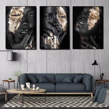 NESEBIČNO Afriške Umetnosti Črna in Zlata Ženska Platno Slikarstvo Plakatov in Fotografij Skandinavskih Wall Art Slike za dnevno Sobo