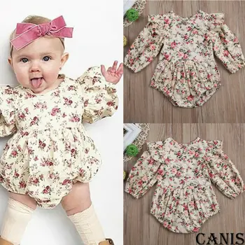 Newborn Baby Dekleta Cvetlični Romper Ruffle Dolg Rokav Bombaž Jumpsuit Obleke Jesen Pomlad Oblačila