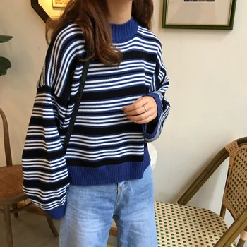 Nov prihod v korejskem slogu pol turtleneck Pleteni Pulover Ženske, Jeseni, Pozimi flare rokavi, puloverji in puloverji ženska (C571)