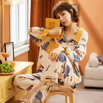 Nove Jesensko Zimske Sleepwear 2 Kos Kompleti Za Ženske Bombažno Pižamo Zavoj navzdol Ovratnik Homewear Mehko Plus Velikost Pijama Pyjama XXXL