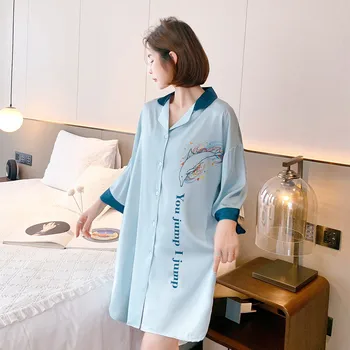 Nove Led Tanek Nightgowns Majica River Obleko Žensk Imitacije Sleepshirts Svile Svoboden Velike Kratek Rokav Domov Oblačila
