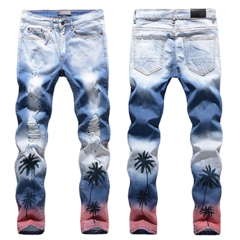 Nove Moške moški modni priložnostne kokosovih palm natisnjene barvne ripped kavbojke Slim fit luknje stiski stretch traper hlače hlače