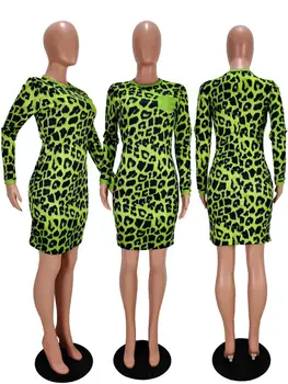 Nove Ženske Dolg Rokav Bodycon Mini Obleka Seksi Leopard Tiskanja Žepi O-izrez Obleke